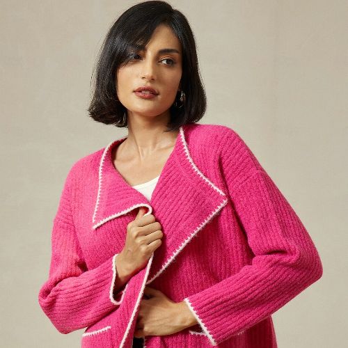 Ribbed Knit Wool Blend Drop Shoulder Cardigan